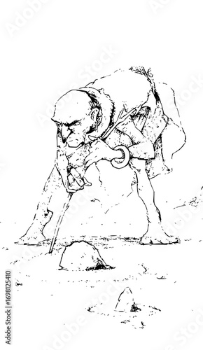 Eerie fantasy character drawing water with stick for creative storytelling projects
