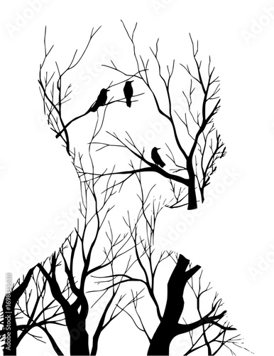 Striking silhouette of a person formed by barren trees and perched ravens for nature themed designs