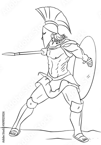 Line art illustration of a Spartan warrior poised for battle with spear and shield, ready for war