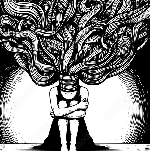 Overwhelmed feelings illustrated, woman struggling with emotional burden, mental health awareness design