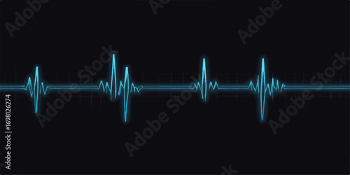 Blue music background and a heartbeat made into a heart with a muscular man exercising with a heavy dumbbell, isolated on a white background, symbolizing the strength of a healthy workout