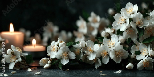 Close-up of white jasmine flowers with soft petals, two lit candles on a dark background