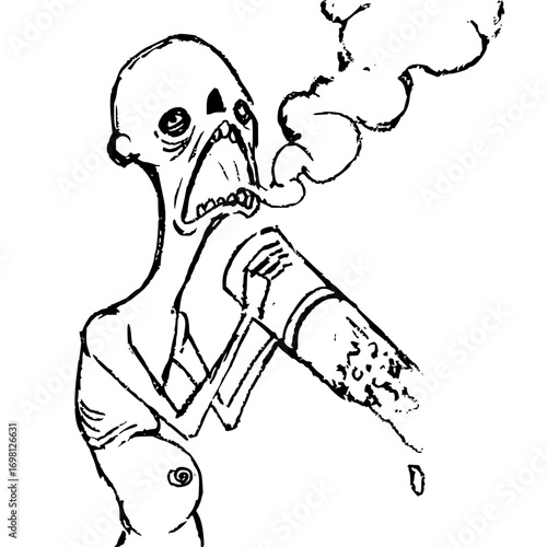 Emaciated figure exhaling smoke from a burning cigarette in a distressful pose