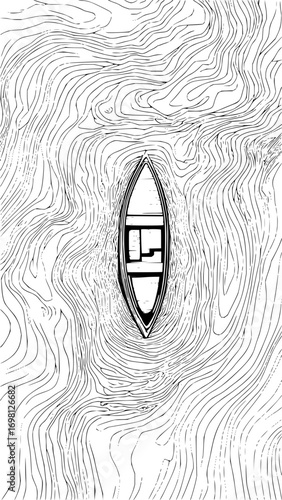 Solitary rowboat drifting on swirling water currents, evoking journey and contemplation.