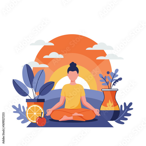 Embracing mindfulness and wellbeing with a morning meditation routine in a peaceful and natural setting, promoting a healthy lifestyle