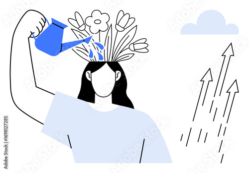 Person nurturing their mind with watering can, flowers blooming as growth symbol, upward arrows, cloud. Ideal for self-care, development, creativity, mindfulness, positivity mental health simple