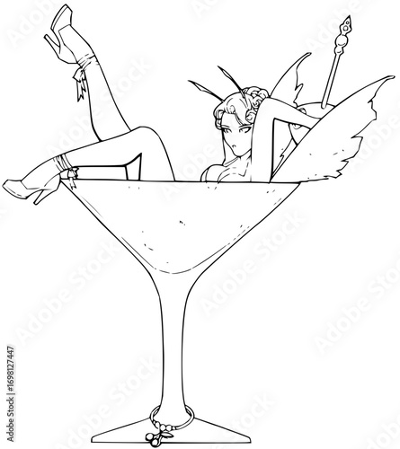 Glamorous fairy lounges elegantly in martini glass, showcasing playful pinup style and whimsical charm.
