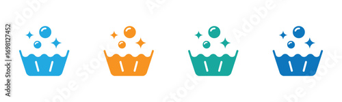 Colorful laundry wash basin icons with bubbles and stars for a clean and sparkling effect