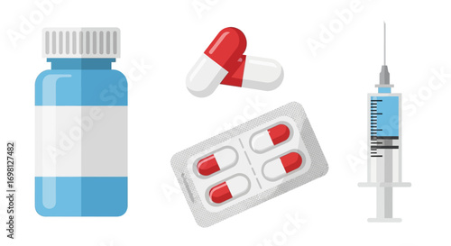 Medical Supplies Pills Capsule Medicine Bottle and Syringe Healthcare Icon Set