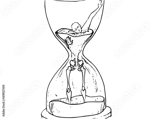 Person trapped within hourglass symbolizes time's relentless march and existential dread