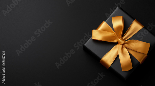 Elegant Gift Presentation: A close-up shot reveals a beautifully wrapped gift box, its sleek black surface contrasted by a golden ribbon. The image evokes a sense of anticipation and sophistication.