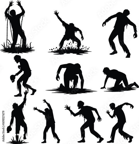 Collection of silhouettes of zombies in various poses and actions