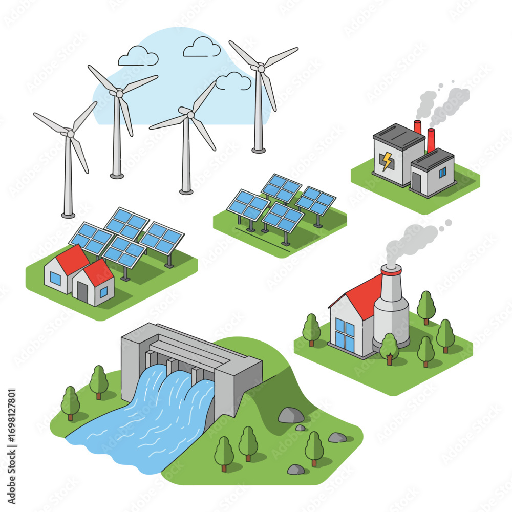 Fototapeta premium Isometric illustration set of various energy sources, including sustainable wind, solar, hydro, and polluting factory power plants