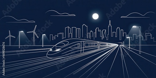 Modern high speed train toward city skyline at night with wind turbines and street lights