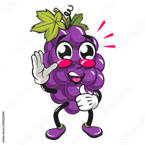 cute grape fruit mascot character vector illustration wave hand and give a thumbs up sign, work of hand drawn