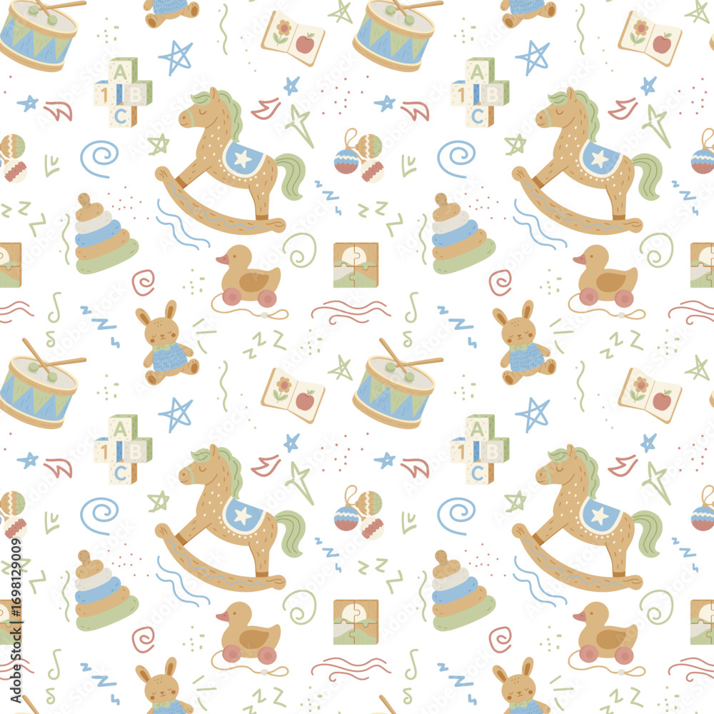 Fototapeta premium Seamless kids pattern with rocking horse and wooden toys in Scandinavian hygge style. Cute pastel vector design for nursery fabric, wrapping paper, packaging and children’s decor