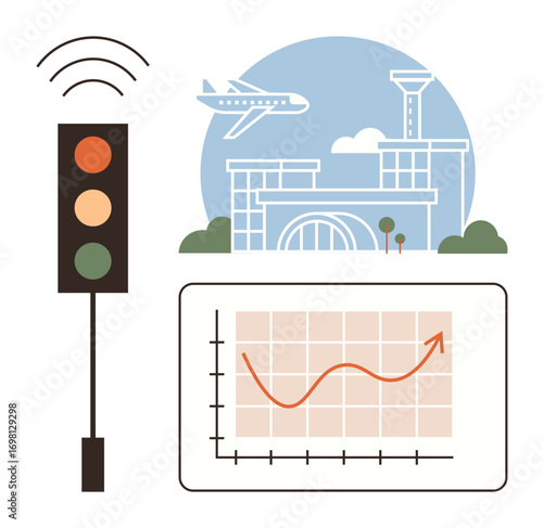 Traffic signal with wireless signal, airplane over airport terminal, and upward-trending graph in grid. Ideal for transportation, data analysis, navigation, urban planning, technology, logistics