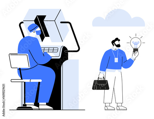 Man operates advanced machinery wearing safety gear, while another holds a glowing lightbulb symbolizing innovation. Ideal for technology, innovation, work safety, creativity, teamwork