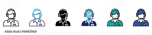 Customer support service operator icon set with headset, outline and filled style for apps and websites