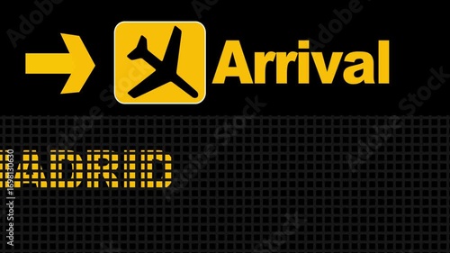 Madrid Arrival Animation Sign Board on Airport 4K Animation. Madrid airport arrival signboard animation