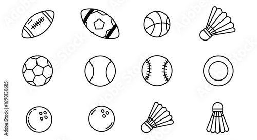 a variety of sports balls and equipment shown together