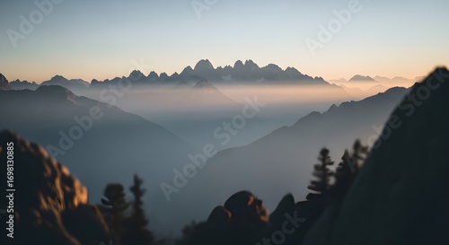 Wallpaper Mural Stunning mountain vista at dawn with soft golden light illuminating the misty peaks Torontodigital.ca