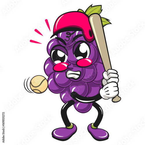 cute grape fruit mascot character vector illustration playing baseball ready to hit the ball with the bat, work of hand drawn