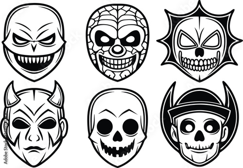 Collection of six spooky and scary hand drawn masks and skulls