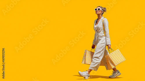 Fashionable Shopping Spree: A stylish individual strides confidently, adorned in fashionable attire, clutches shopping bags with effortless grace.