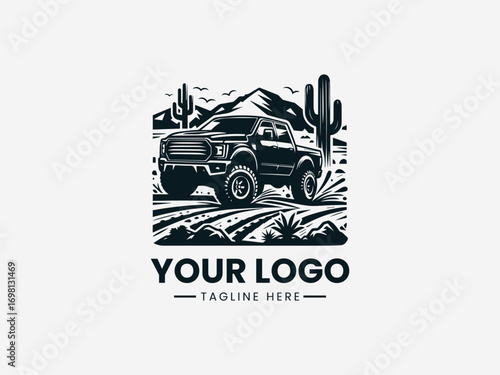 Vintage pickup truck off road adventure vector logo with desert cactus landscape