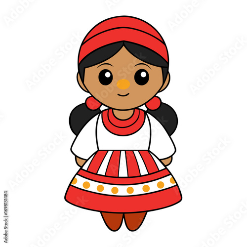 Cute cartoon illustration of a young girl in traditional Ukrainian folk costume