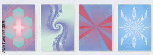 Modern abstract graphic designs with vibrant geometric, swirling, radiant, and crystalline patterns, ideal for digital art and contemporary creative projects