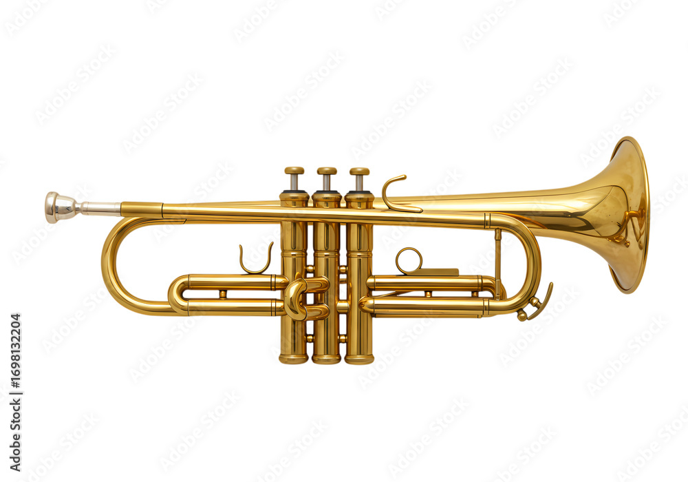 Obraz premium Brilliant Gold Trumpet A Musical Instrument CloseUp isolated on transparent background