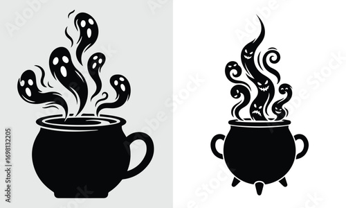 Whimsical Halloween Brew Silhouettes Eerie Ghostly Figures Emerge from Cauldrons Spooky Season Design