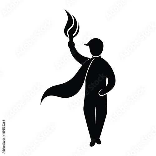 Silhouette of a person with a torch and cape symbolizing freedom and progress illustration