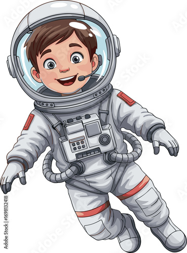 Cartoon boy astronaut floating in space, happy child wearing spacesuit, space exploration theme, astronaut character illustration, cute space adventure
