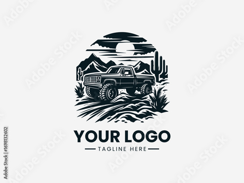 Vintage pickup truck off road adventure vector logo with desert cactus landscape