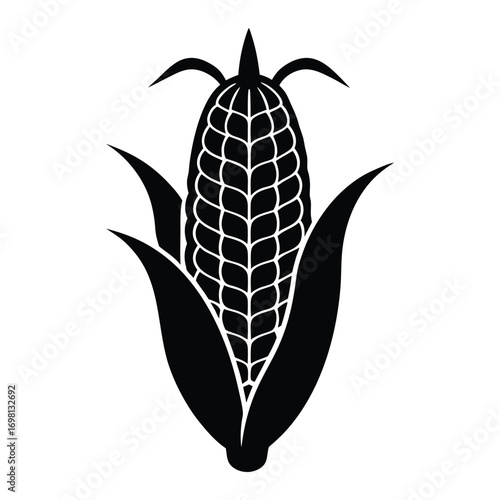 Isolated black silhouette of a ripe corn cob with green husks for harvest and agriculture design illustration