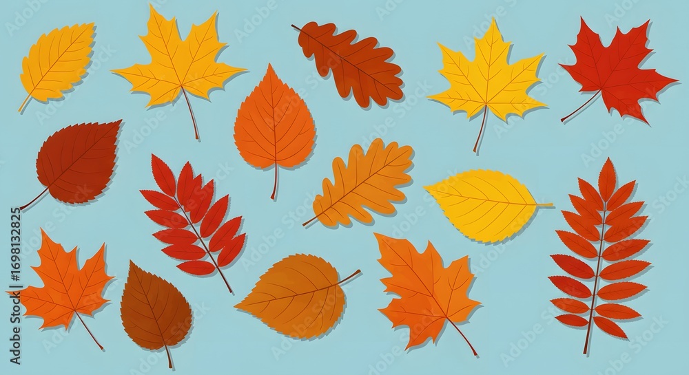 Obraz premium Colorful Autumn Leaves Arrangement on Blue Background, Flat Design, Vector Illustration.