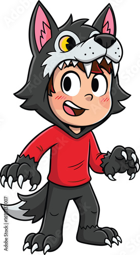 Cartoon boy wearing a cute scary wolf costume, smiling and posing in animal outfit, perfect for Halloween or costume party themes.