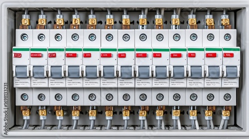 Electrical panel showing circuit breakers and wiring connections