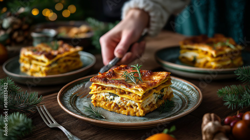 Hands serving pumpkin lasagna slices on rustic ceramic plates, family dinner concept.