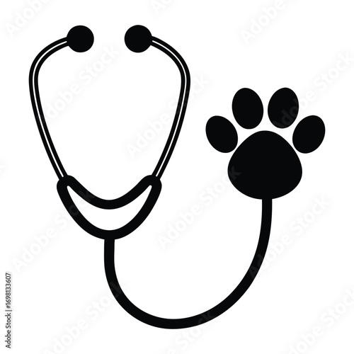 Veterinary stethoscope and paw print silhouette symbol for animal care and health services illustration