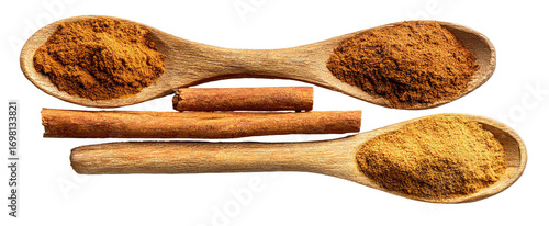 Wooden spoons holding cinnamon sticks and ground cinnamon
