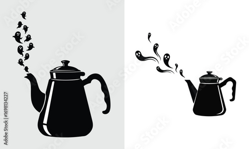 Whimsical Teapots with Ghostly Escapades A Spooky and Fun Halloween Art Composition
