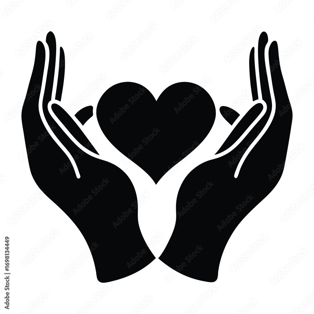 Obraz premium Hands gently holding a black heart symbol silhouette for love care and support illustration
