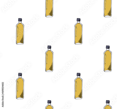 Yellow Olive oil bottle seamless pattern. Vector graphic line ink colored illustration. Silhouette sign for logo, print, comics, fashion, pop art, boards, design, stickers, decoration, posters