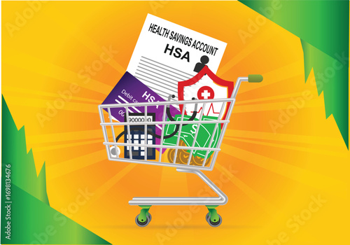 Health savings account concept. Health care. Health insurance. Investments. Tax-free medical expenses on credit card, bank saving, , security vector graphics illustration.
