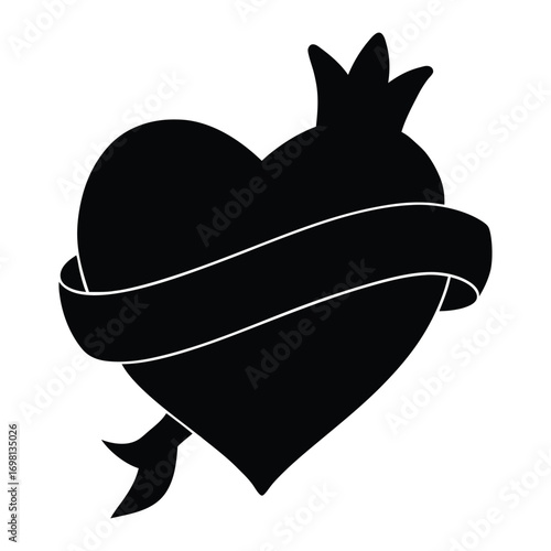 Sacred heart silhouette with ribbon and crown black design element for tattoo and love symbolism illustration