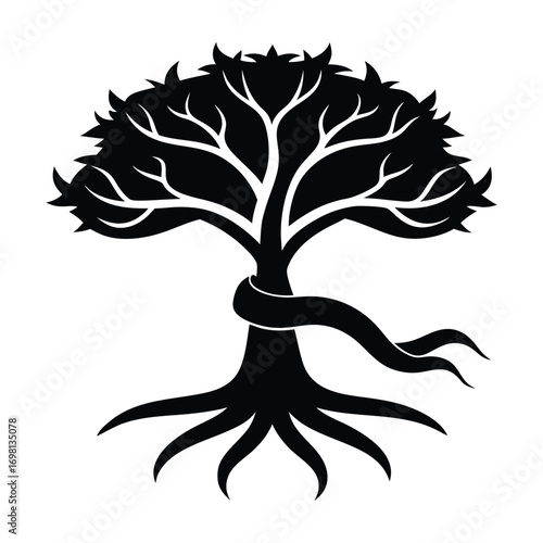 Mystical black silhouette tree with serpent symbolizing life growth and wisdom illustration